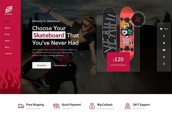 Skatehouse – Skateboard & Extreme Sport Shop Elementor Template Kit