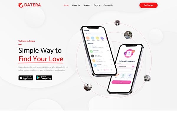 Datera – Online Dating Mobile App Landing Elementor Template Kit